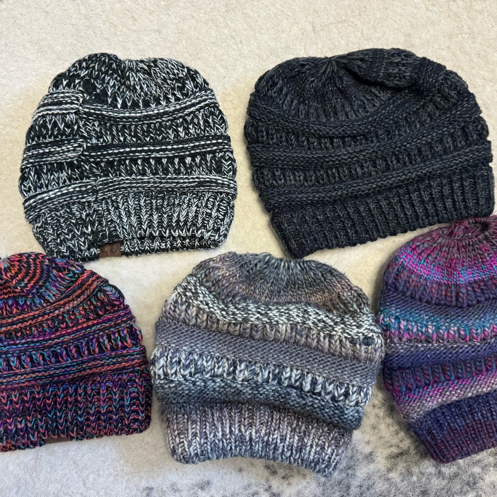 CC beanie ponytail hats with one regular hat. Stylish Women's Knit Beanie Set